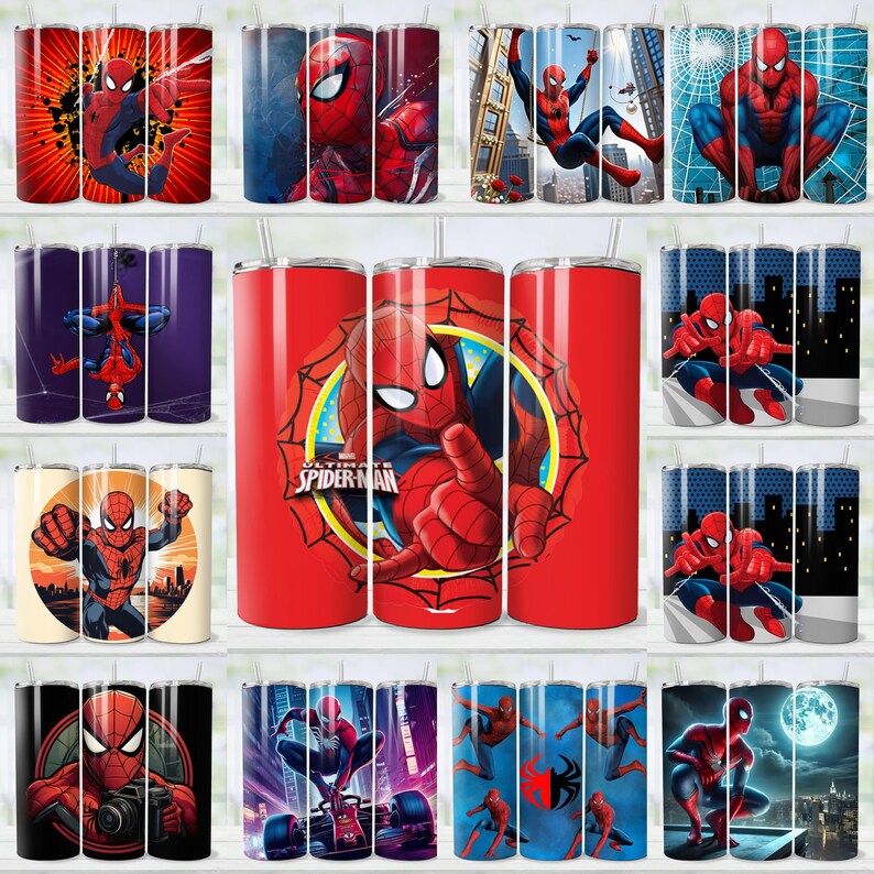 May include: A selection of stainless steel insulated tumblers with Spider-Man graphics. The tumblers display the superhero in action, with vivid colours and dynamic backgrounds. Some tumblers feature the text "Ultimate Spider-Man".