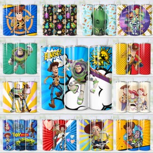 May include: A collection of stainless steel tumblers featuring various characters from the animated film Toy Story. Designs include Woody, Buzz Lightyear, and other characters on a variety of colorful backgrounds. Each tumbler has a straw.