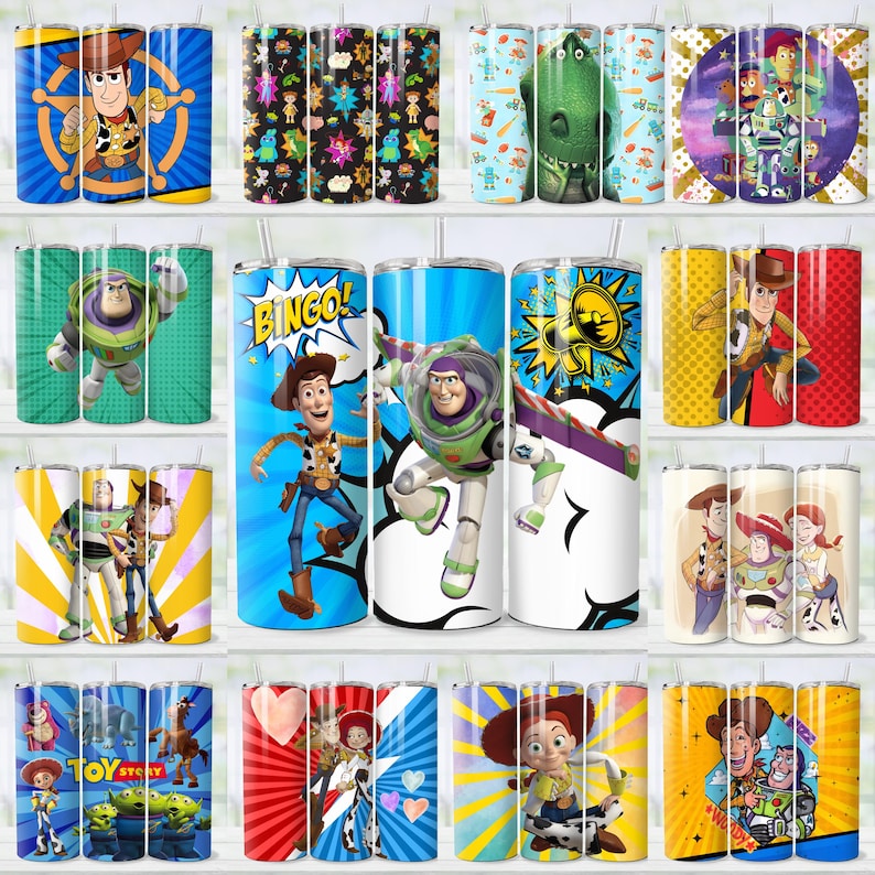 May include: A collection of stainless steel tumblers featuring various characters from the animated film Toy Story. Designs include Woody, Buzz Lightyear, and other characters on a variety of colorful backgrounds. Each tumbler has a straw.