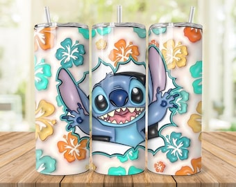 Stitch 20oz Tumbler, 20oz Skinny Tumbler, Cartoon Tumbler Wrap, Beach Tumbler Sublimation, Full Tumbler Wrap, Tumbler Png