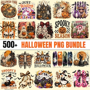 May include: A digital collection of 500+ Halloween-themed PNG graphics featuring various illustrations including ghosts, pumpkins, skulls with leopard print bows, haunted houses, black cats, skeletons, and festive text like Spooky Season.