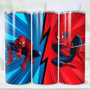 May include: Three stainless steel insulated tumblers featuring Spider-Man. Each tumbler has a different action pose of Spider-Man against a background of blue and red comic book style graphics. Each tumbler has a silver straw.