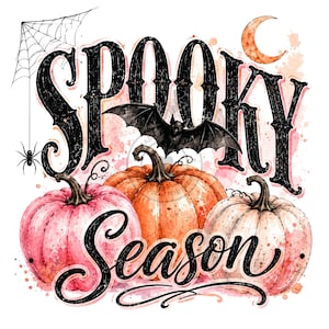 May include: A graphic design featuring the text SPOOKY SEASON in black lettering. The image includes three pumpkins in shades of pink and orange, a black bat, a spider web with a spider, and a crescent moon, all set against a watercolor background.