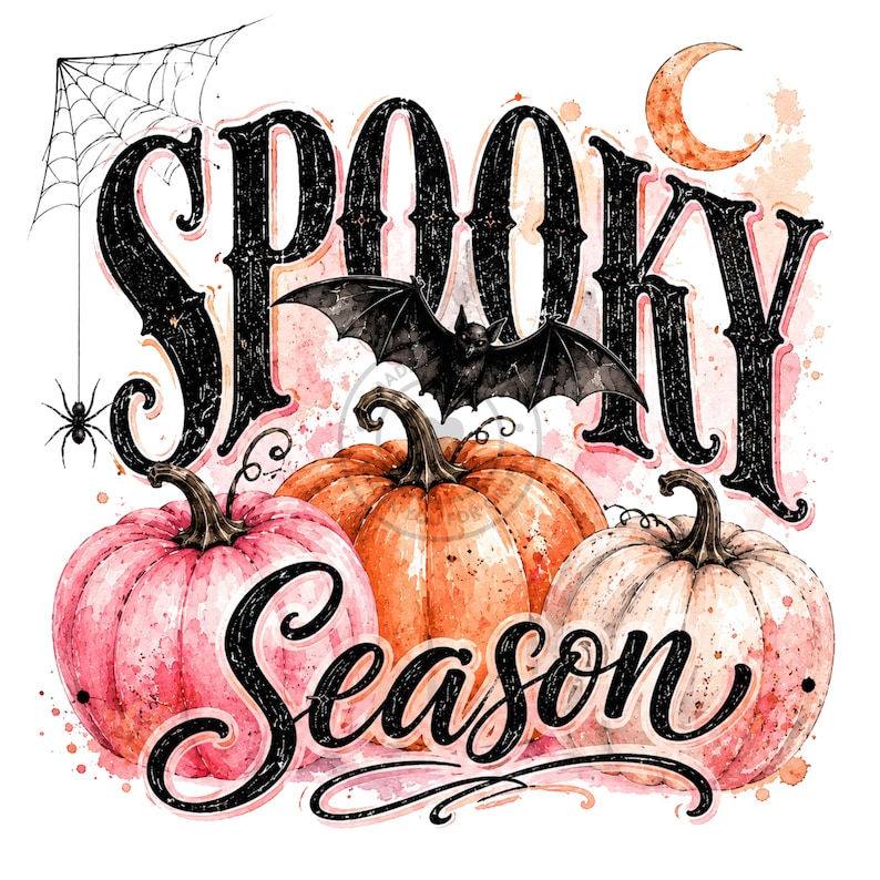 May include: A graphic design featuring the text SPOOKY SEASON in black lettering. The image includes three pumpkins in shades of pink and orange, a black bat, a spider web with a spider, and a crescent moon, all set against a watercolor background.