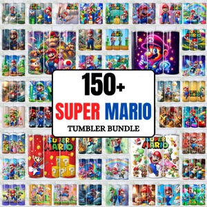 Puede incluir: Una colección de vasos temáticos de Super Mario, cada uno con diseños vibrantes que presentan a Mario, Luigi y otros personajes. La imagen incluye un letrero que dice "150+ Super Mario Tumbler Bundle."
