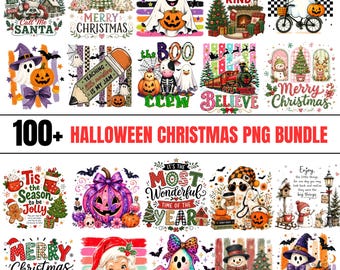 May include: A digital collection of over 100 Halloween and Christmas themed graphic designs featuring illustrations of Santa Claus, ghosts, pumpkins, snowmen, reindeer, and holiday trees with various festive text elements in a grid layout.