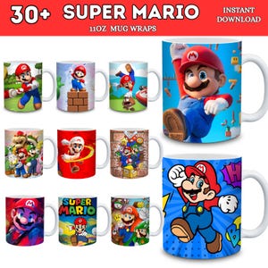 May include: Collection of white ceramic mugs featuring various Super Mario designs. Each mug showcases colorful illustrations of Mario in action, with vibrant backgrounds and the text "SUPER MARIO". The mugs are 11oz.
