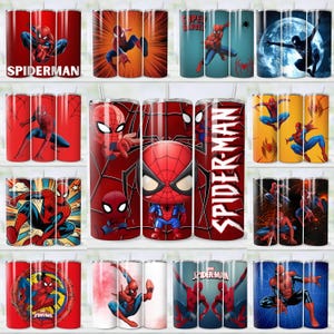 May include: A selection of stainless steel tumblers with Spider-Man designs. The tumblers display Spider-Man in action poses, comic book illustrations, and the character's name. The tumblers are red, blue, and white, with a capacity of approximately 470 ml.