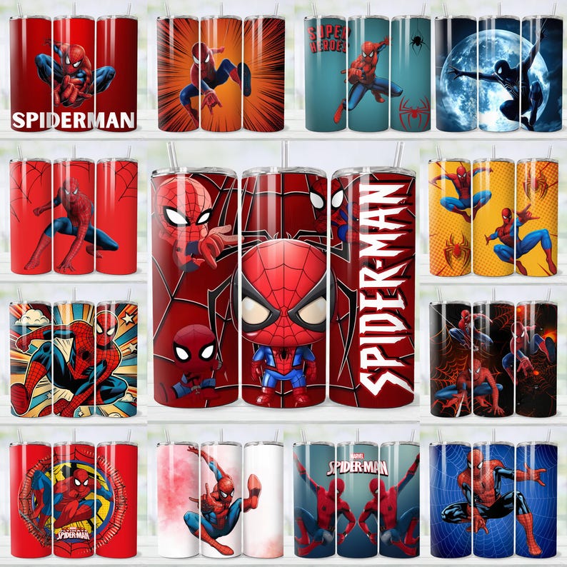 May include: A selection of stainless steel tumblers with Spider-Man designs. The tumblers display Spider-Man in action poses, comic book illustrations, and the character's name. The tumblers are red, blue, and white, with a capacity of approximately 470 ml.