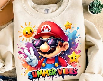 Super Mario Summer Vibes PNG, Retro Strand Blommig T-shirt Sublimering (Digital Nedladdning)
