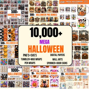 Op de afbeelding: Een digitale collectie van meer dan 10.000 Halloween-afbeeldingen, inclusief PNG's, SVG's, digitaal papier, tumbler- en mok-wraps, muurkunst en deurborden. De weergave bevat diverse griezelige ontwerpen zoals pompoenen, spoken en filmpersonages.
