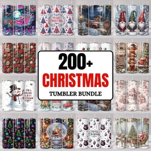 Peut inclure: Une collection numérique de plus de 200 motifs pour gobelets de Noël présentant divers thèmes festifs, notamment le Père Noël, des gnomes, des bonhommes de neige, des vaches highland, des sapins, des boules et des paysages hivernaux avec le texte 200+ CHRISTMAS TUMBLER BUNDLE.