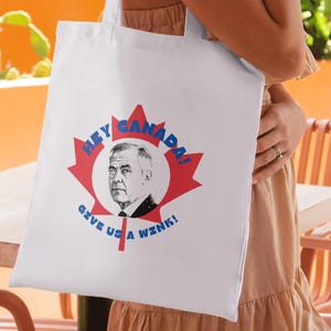 May include: White tote bag with a red maple leaf design, the text "HEY CANADA! GIVE US A WINK!" and a portrait of a man. The bag is held by a person in a tan dress, with orange walls and green plants in the background.
