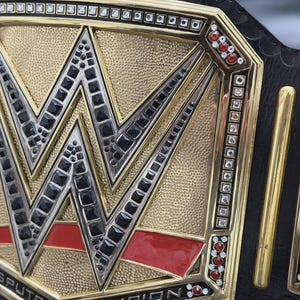 May include: Close-up of a gold and black wrestling championship belt. The belt features a large, silver "W" logo with black accents, set against a textured gold background. Red and clear gemstones are embedded around the edges.