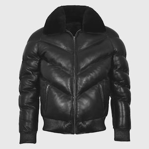 Black Leather V Bomber Jacket Men’s, Real Lambskin Leather Puffer Padded Jacket, Vintage Bomber Coat, Streetwear Outerwear Gift for Him