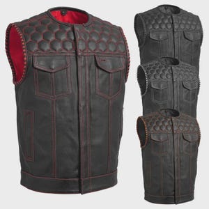 Men&#39;s Genuine Cowhide Leather Motorcycle Club Style Vest, Conceal Carry Hexagon Quilted, Riding Leather Biker Vest, Handcrafted Leather Vest