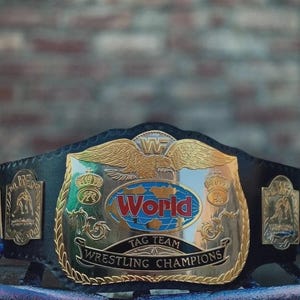 May include: A black leather championship belt featuring a large central gold-colored metal plate with an eagle emblem, a blue globe graphic, and the text "World Tag Team Wrestling Champions" with "WF" logos on the side plates and top center.