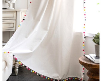 White Linen Pom Pom Window Curtain Drapes/Window Decor/Bedroom Curtain Panel/Bathroom Shower Curtain/Children Playroom Valance---FREE GIFT