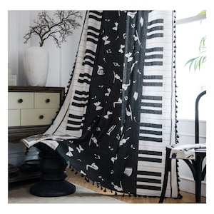 Painel de cortina de janela com borlas de piano com notas musicais/cortinas de quarto country/cortinas de chuveiro de banheiro/cortina de sala de jogos infantil - BRINDE GRÁTIS