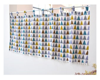 Triángulo geométrico Pom Pom Tab Top Cafe Cortina Ventana Valance / Cortina de dormitorio / Niños Guardería Sala de juegos para niños Cortina de ducha - Lino, REGALO GRATIS