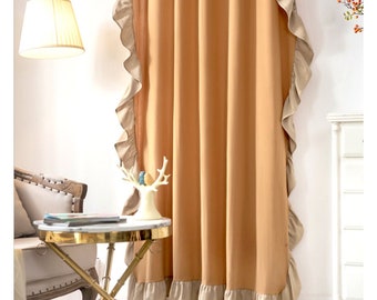 Ruffled Camel Linen Window Curtain Drapes/Window Treatment/Bathroom Shower Curtain/Bedroom Curtain Panel/Children Playroom Valance-FREE GIFT