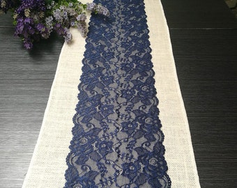 White Burlap Navy Lace Wedding Table Runner,Dining Room,Party,Cocktail Table,Coffee Table Birthday Gift,Shower-Shabby Chic,Rustic,FREE GIFT