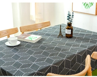 Tablecloth Cotton Linen Geometric Black White Cube Rectangle Square Round Oval Dining,Coffee Table,Party,Wedding--Custom Runner,FREE GIFT