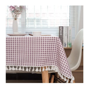 Linen Tablecloth Tassel Fringe 5 Colors Rectangle Square Round Oval Coffee,Cafe,Party,Wedding,Shower Gift----Gingham Check,Rustic,FREE GIFT