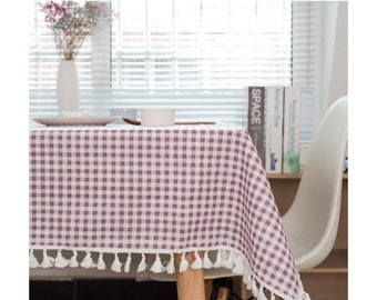 Linen Tablecloth Tassel Fringe 5 Colors Rectangle Square Round Oval Coffee,Cafe,Party,Wedding,Shower Gift----Gingham Check,Rustic,FREE GIFT