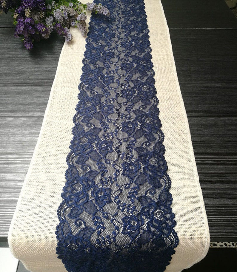 White Burlap Navy Lace Wedding Table Runner,Dining Room,Party,Cocktail Table,Coffee Table Birthday Gift,Shower-Shabby Chic,Rustic,FREE GIFT image 1