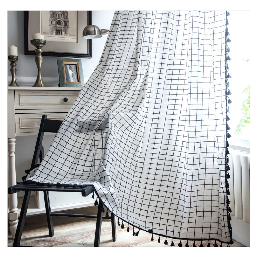 Check Plaid Tassel Window Curtain Panel/country Bedroom Curtain Drape