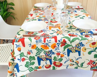 ユニークなスウェーデン製ハンドプリントコットンテーブルクロス 花と
