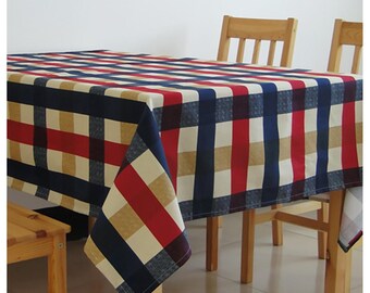 Navy Blue Plaid Cotton Tablecloth, Washable Checkered Table Linens