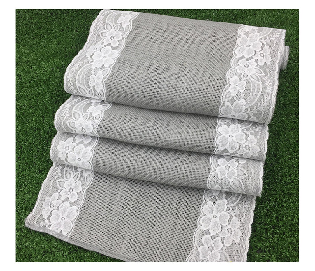 Gray Burlap Table Runner White Lace Thanksgivingwedding Etsy