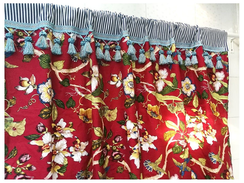 Cafe Curtain Window ValanceKitchen CurtainKids CurtainChild Curtain PlayroomBathroom Shower Curtain--Hummingbird Navy Stripe Tassel,GIFT