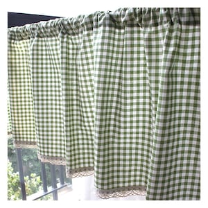 Cafe Curtain Window Valance/Kitchen Window/Bathroom Shower Curtain/Kids Nursery Living Room Curtain Drape--Green Gingham Check Lace,FREEGIFT