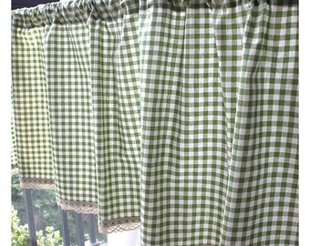 Cafe Curtain Window Valance/Kitchen Window/Bathroom Shower Curtain/Kids Nursery Living Room Curtain Drape--Green Gingham Check Lace,FREEGIFT