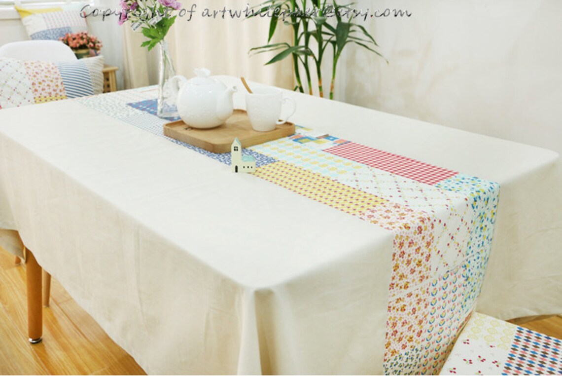 Linen Coffee Table Runner Quilting Patchwork Print Geometric Etsy