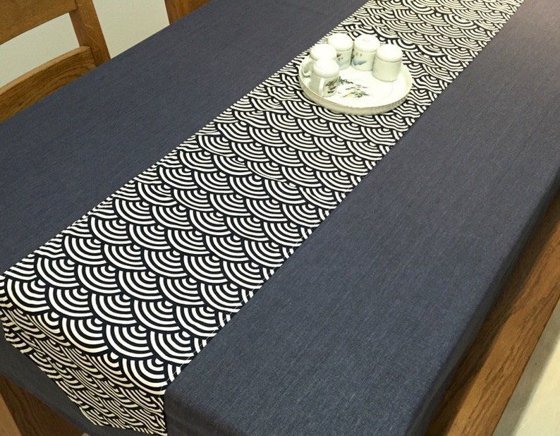 Linen Coffee Table Runner Navy Ripple Geometric 3 Patterns Etsy