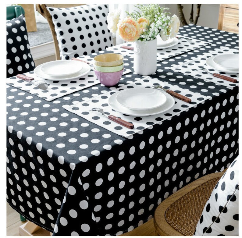 Coffee Tablecloth Black Base White Polka Dots Rectangle Square Etsy