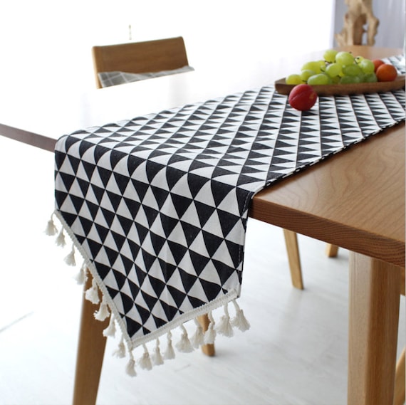 Table Runner Tassel Fringe Cotton linen Geometric Triangle Etsy