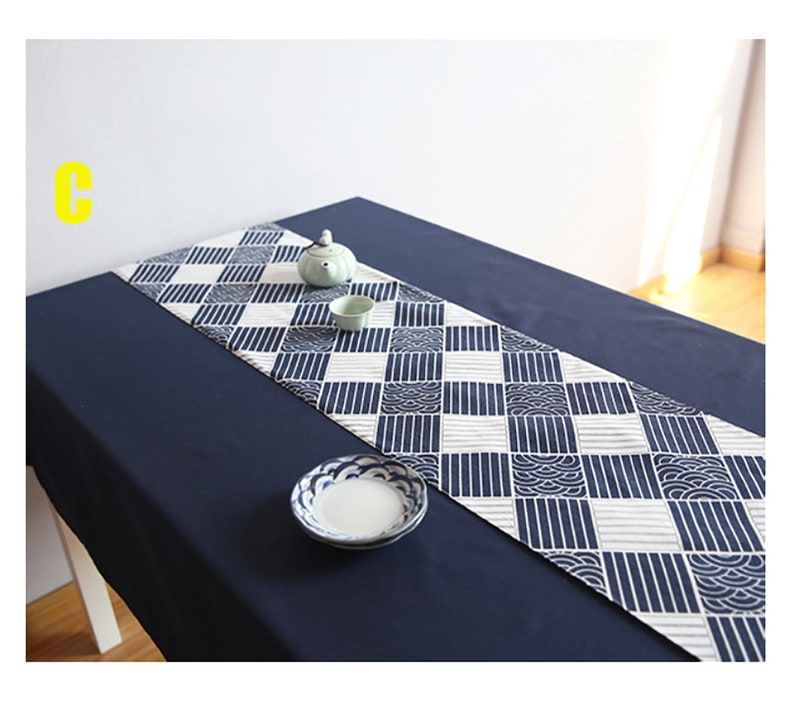 Linen Coffee Table Runner Navy Ripple Geometric 3 Patterns Etsy