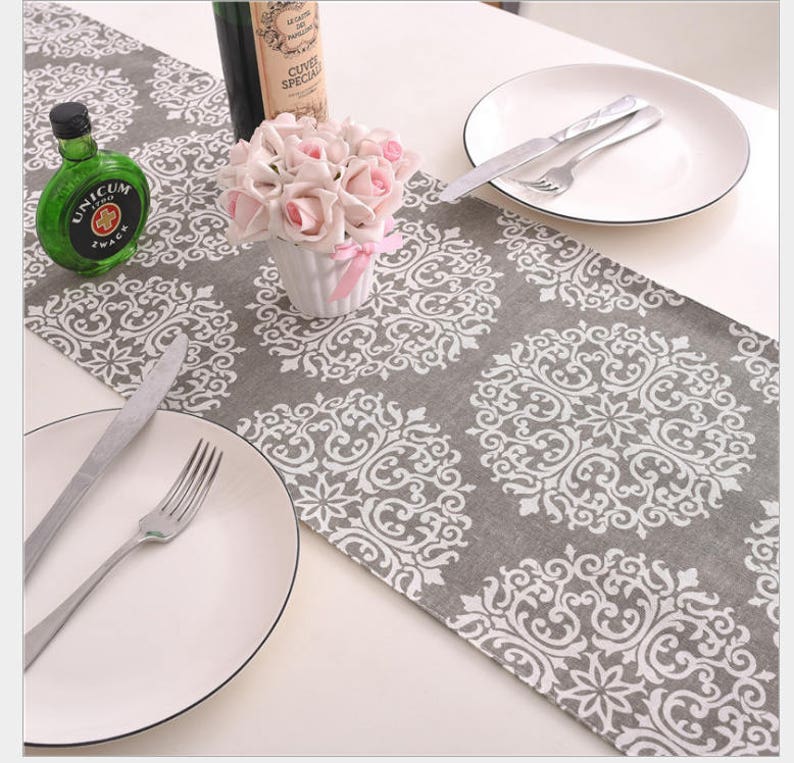 Linen Coffee Table Runner Geometric Flower Partywedding Etsy