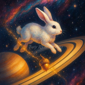 Rabbit of the Rings – Fantasy ACEO Digital Art | Celestial Bunny PNG Download | Saturn Rings