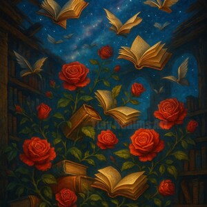 Fleurs de la bibliothèque oubliée – Art fantastique ACEO | Mini carte d'art imprimable sur le thème du livre | Téléchargement PNG surréaliste (2,5 x 3,5 pouces)