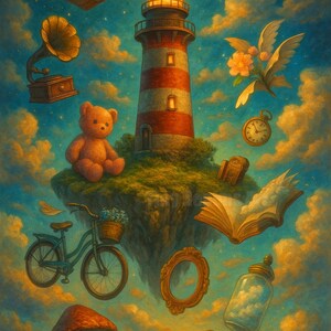 Lighthouse of Floating Memories – Surreal Fantasy ACEO | Dreamy Sky Island Art | Printable Mini PNG Card (2.5”x3.5”)