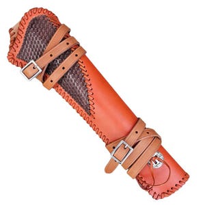 May include: A brown leather archery quiver with a woven center panel and decorative stitching. The quiver features adjustable leather straps with silver buckles and a decorative metal accent.