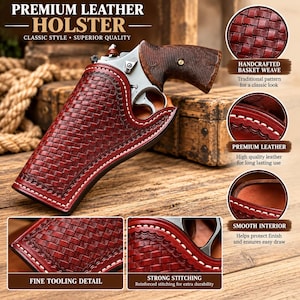 Puede incluir: Una funda de cuero rojo oscuro con patrón de tejido de cesta, costuras blancas e interior liso. La funda sostiene un revólver plateado con empuñadura texturizada marrón oscuro. El texto incluye PREMIUM LEATHER HOLSTER y varias etiquetas.