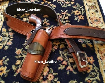 Handmade Leather Revolver Holster with Belt: Western Style, Right Hand Draw