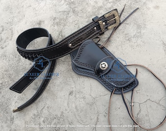 May include: Black leather gun holster and belt set with white stitching. The holster features a star-shaped emblem and decorative stitching. The belt has a decorative buckle and loops for bullets. A classic western style accessory.